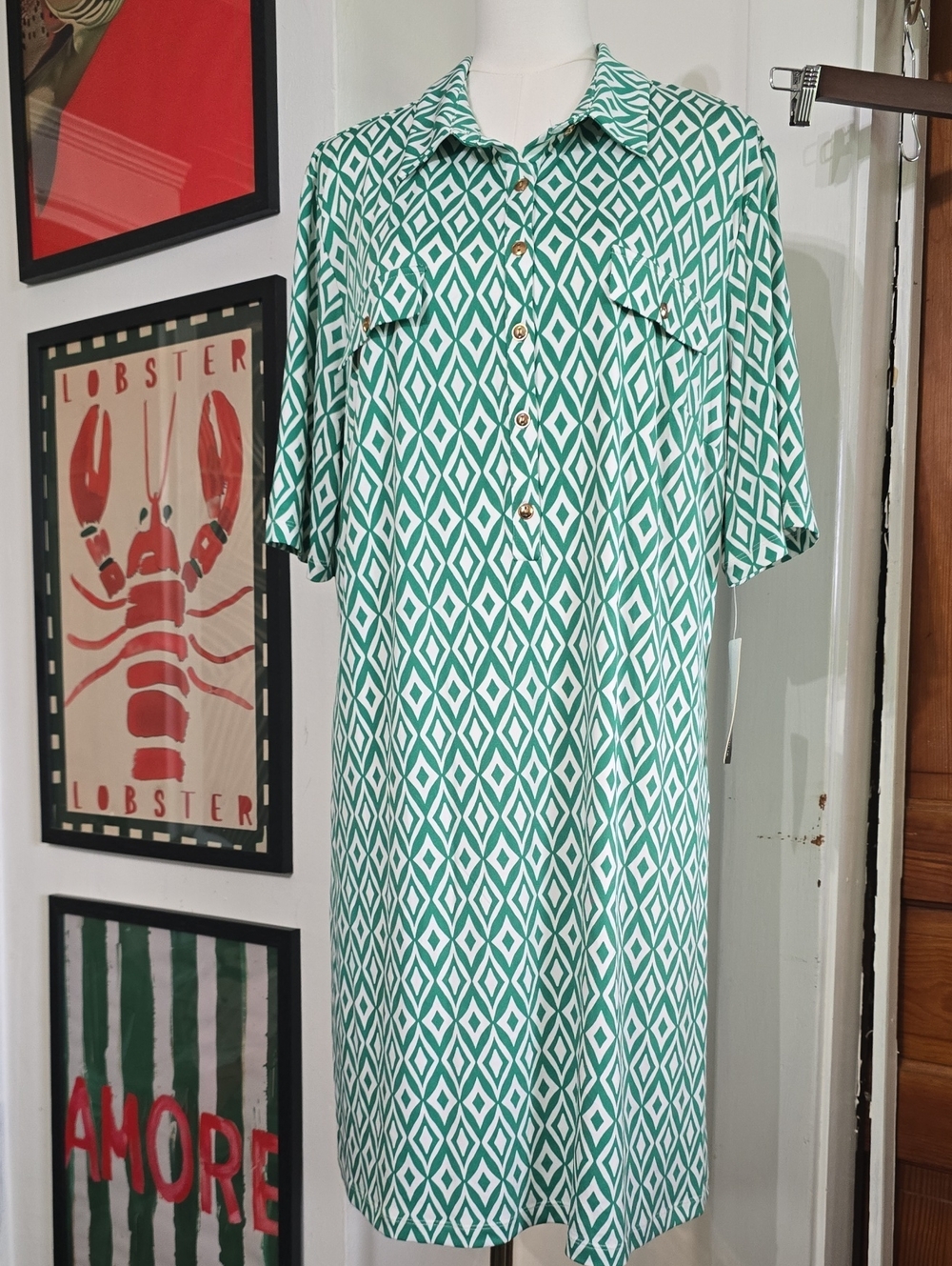 Relaxed Green Diamond-Print Button-Down Shirt Dress Nwt 3x